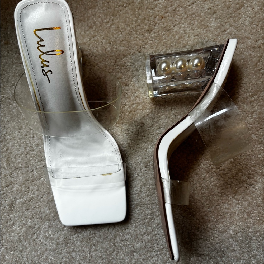 Lulu's Elegant White Heels with Clear Pearl Accents